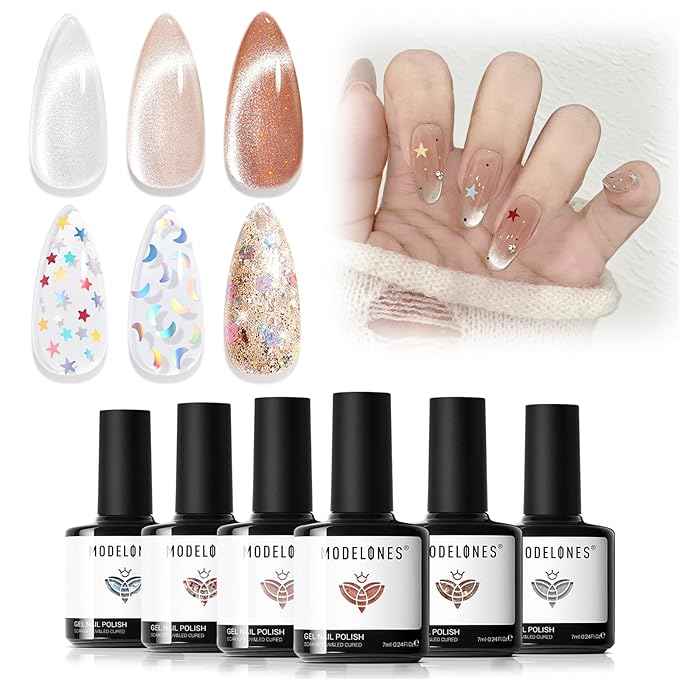 Modelones Gel Nail Polish Set, 6 Colors 2026 Nude Brown Sliver Cat Eye Gel Polish Creative Stars Moon Shape Glitter Nail Polish with Magnet& Wooden Stick All Seasons Soak Off LED Manicure Kit DIY Gift