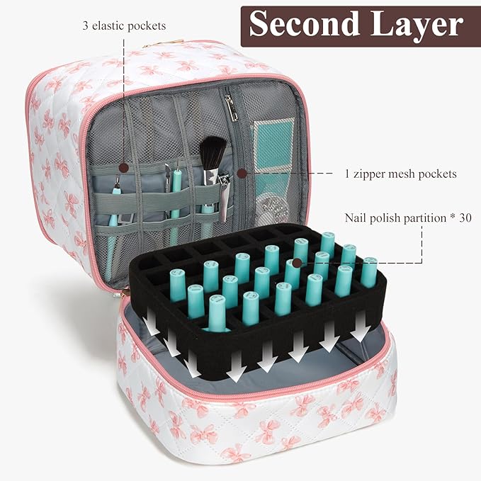 Nail Polish Organizer Aesthetic Nail Organizers and Storage, Bow Nail Supplies Kit Organizer Travel Carrying Case for Manicure Tools (Bow A, 2 Layer)