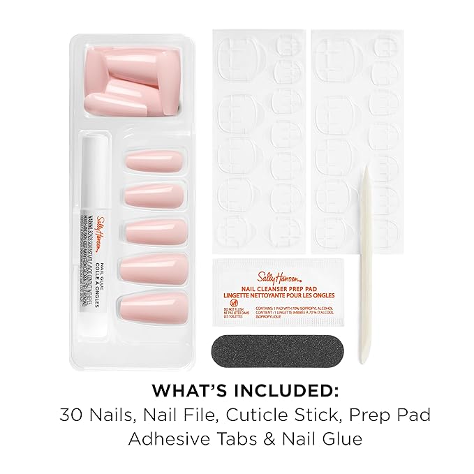 Sally Hansen Salon Effects Perfect Press-On Nails | Coffin Shape | Easy to Apply, Non-Damaging | 30 Nails, Nail Glue, Adhesive Tabs, File | Soul Pink