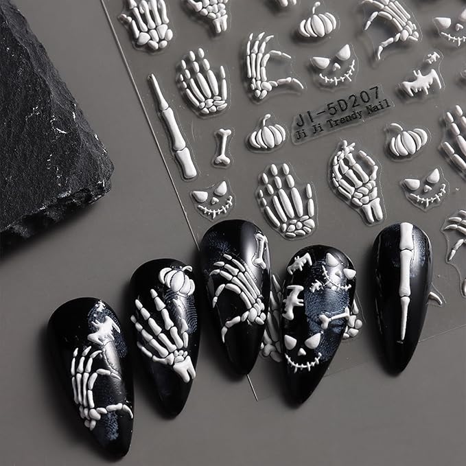Halloween Nail Art Stickers Decals 5D Embossed Skull Nails Stickers Rose Gold White Skeleton Nail Decal Self-Adhesive Flower Nails Art Decal for Women Halloween Decor