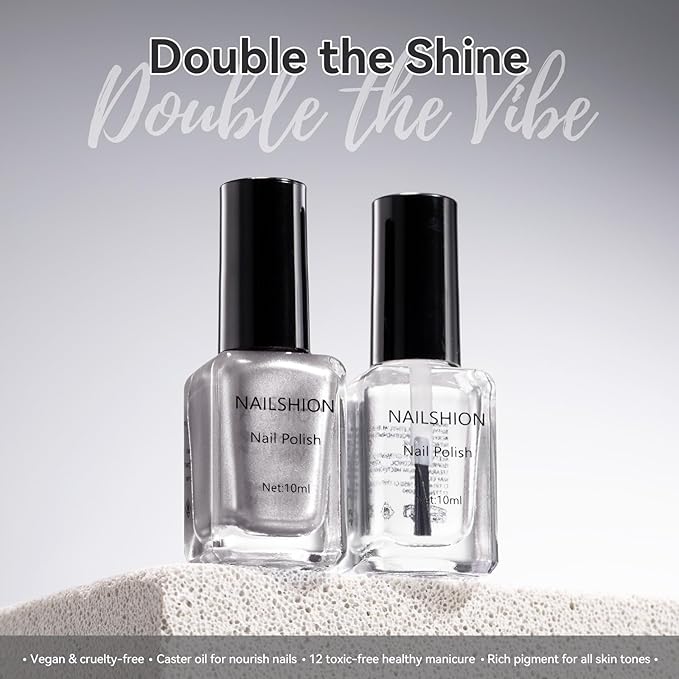 Metallic Silver Nail Polish with 3-In-1 Clear Base Top Coat Nail Strengthener Quick Dry Clear Nail Polish Duo, Opaque, Non-Gel, Vegan, Liquid Silver Glossy Chrome Nails Art