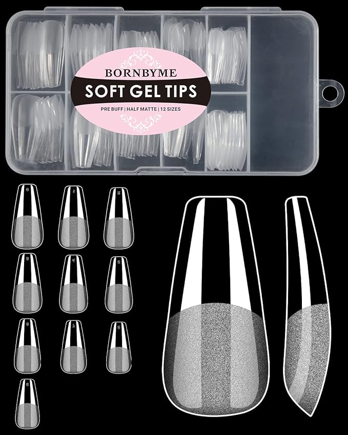 Soft Gel Nail Tips Medium Coffin, 120PCS Pre Buff Full Cover Nail Extenison Tips Half Matte Gel X Nail Tips BORNBYME