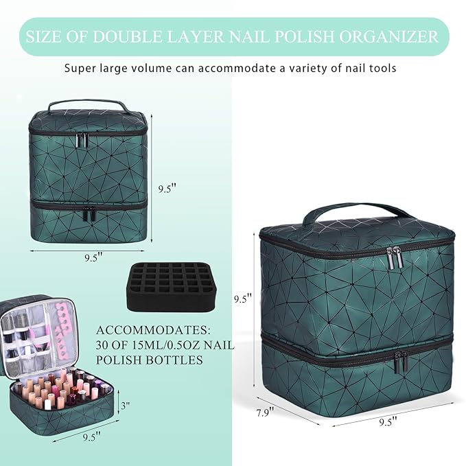 PU Leather Nail Polish Organizer, Double Layer Nail Polish Storage Holds 30 Bottles (15ml/0.5fl.oz) & Nail Lamp, Portable Nail Bag Organizer Case for Nail Tech Travel & Manicure Kit