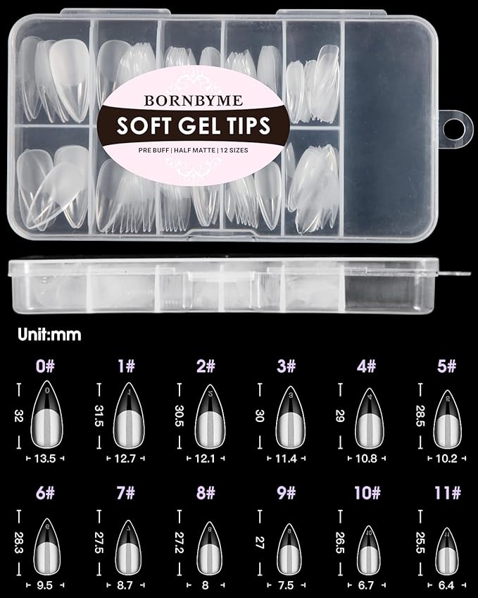 Soft Gel Nail Tips Medium Stiletto, 120PCS Pre Buff Full Cover Shaped Nail Extenison Tips Half Matte Gel Nail Tips BORNBYME