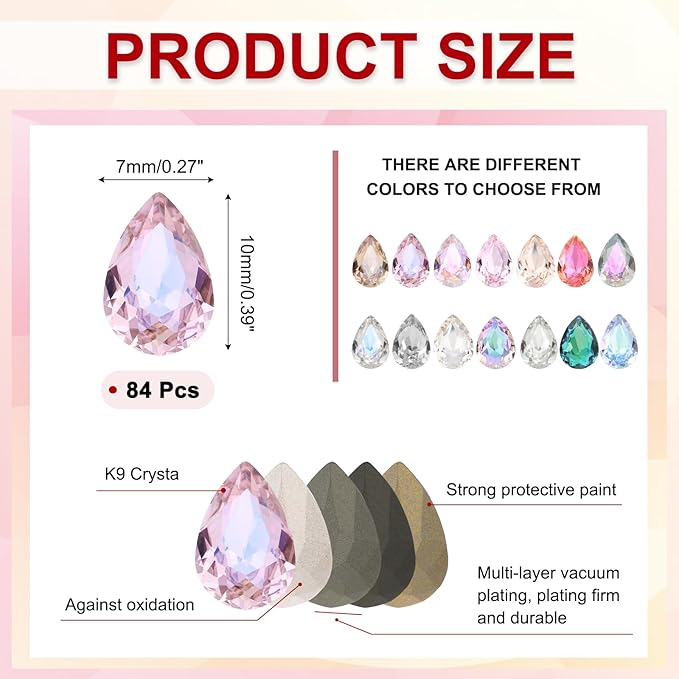 MECCANIXITY Teardrop Rhinestones 7x10mm, 84 Pcs Pointed Back K9 Glass Shiny Drop Shaped Rhinestones Crystal Gems for DIY Jewelry Making Crafts, Moon Pink