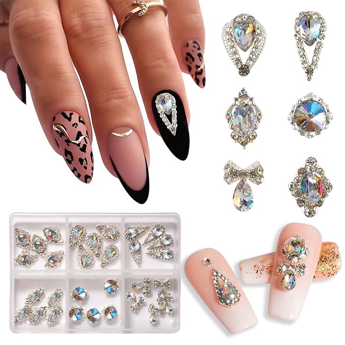 30Pcs Nail Crystal AB Rhinestones 3D Nail Charms Rhinestones Glass Metal Gems Jewels Nail Diamonds Nail Charms for Girl Women DIY Nail Art Craft Decoration