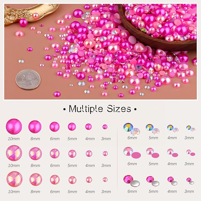 80g Flatback Pearls and Rhinestones for Crafting, Dark Pink 3-10mm Resin Rhinestones and Half Pearls for Bedazzling, Nail Art and Dec with 3pcs 10ml B7000 Jewelry Glue, Tweezer and Pickup Pencil
