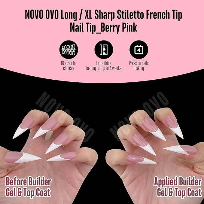 NOVO OVO White French Tip Long XL Sharp Stiletto Nail Tips Press on BERRY PINK, Soft Gel Double Matte Fake Nail Extension, Full Cover False Nails for Acrylic DIY x 16 Sizes 160 pcs