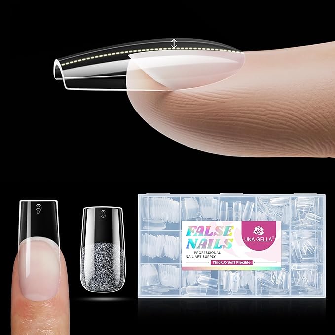 UNA GELLA Square Nail Tips X-Soft Thicker Flexible Gel Nails 330PCS Pre-etched Square Nail Tips Press on Full Cover Acrylic Fake Nails Strength Clear Nails for Nail Extensions DIY Salon 15 Sizes