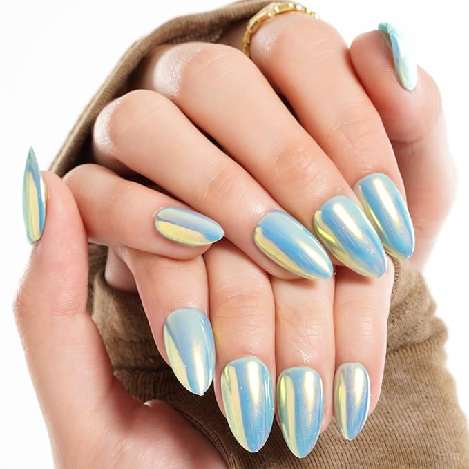 GLAMERMAID Light Blue Mermaid Chrome Press On Nails Short Almond, Golden Donut Glazed Handmade Soft Jelly Gel Fake Nails, Round Oval Stick Glue on Nails Kit for Women, Reusable Acrylic False Nail Set