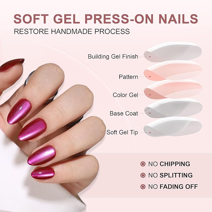 RTKHFZE Press On Nails Almond - Fushia Cat Eye Press on Nails Short Soft Gel Fake Nails with Nails Glue,Fit Perfectly,Reusable Stick on Nails in 16 Sizes - 32Pcs Gel False Nails Kit