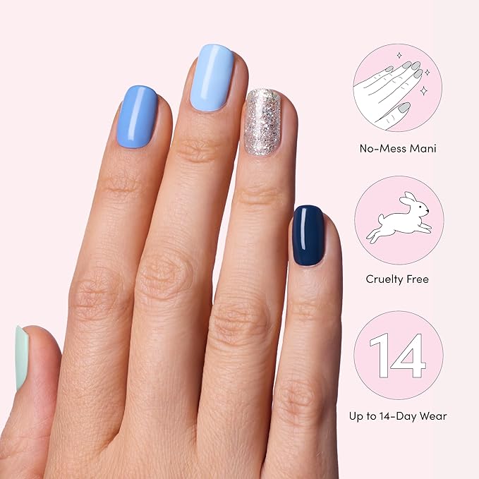 Dashing Diva Gloss Nail Strips 5-in-1 Kit - Best of Blues - UV Free, Chip Resistant, Long Lasting Gel Nail Stickers - Contains 110 wraps, 5 prep pads, 2 nail files