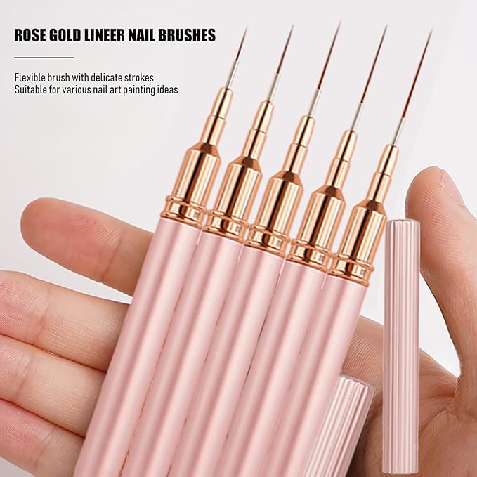 WOKOTO 5 Pcs Rose Gold Nail Art Liner Brushes Painting Nail Art Brush Set Nail Dotting Drawing Tool For Long Lines Thin Details Fine Drawing Sizes 5/8/12/15/20mm Liner Brushes With Metal Penholder