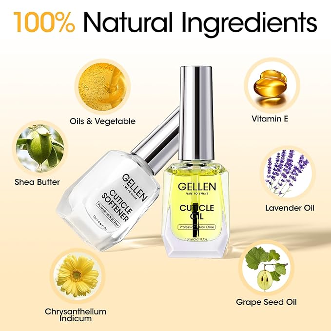Gellen Cuticle Oil & Softener for Nails, 2 Pcs 18ml Cuticle Remover & Strengthener, Nail Cuticle Protector, 2 in 1 Nail Care Kit for Cuticle Removing & Repairng Manicure Essentials for Gel Nail Polish