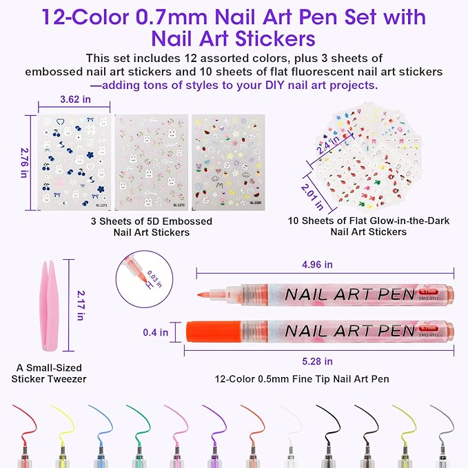 Pintada 12-Color 0.7mm Fine Tip Nail Art Pen Set with 13 Sheets Nail Stickers - Waterproof Quick-Drying Nail Art Markers for DIY Nail Design, Greeting Cards, Object Painting, Holiday Doodling
