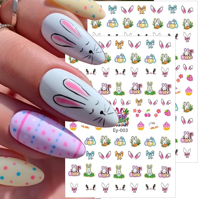 6 Sheets Easter Nail Stickers Cute Flower Carrot Chick Rabbits Nail Art Stickers 3D Self-Adhesive Easter Egg Nail Decals Cartoon Bunny Nail Design Supplies for Women DIY Holiday Nail Art
