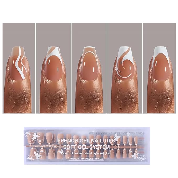 French Gel Nail Tips,5 Style 150pcs French Tip Press on Nails Short Coffin,Pre-Designed Soft Gel Fake Nails Tips, Soak Off Acrylic Fake Nails Extensions for Women Nail Art DIY 15 Sizes