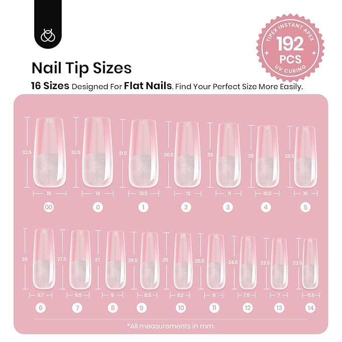Beetles Tipex Instant Apex Nail Tips,Square Long Pre-building & Pre-Etched Thicker Acrylic Nails Strong Full Cover False Nail Extension Press-on Nails,192 Pcs 16 Sizes
