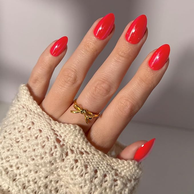 Valentines Day Glamnetic Press On Nails - Red Flag | Short Almond Fake Nails in Vibrant Bright Red Hue with a Glazed Finish, Salon Quality | 15 Sizes - 30 Nail Kit with Glue