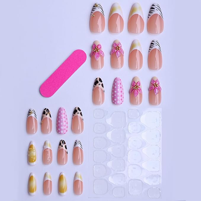 Press on Nails Medium Almond Fake Nails Pink French Artificial Nail 3D Flowers Stick on Nail for Women 24pcs