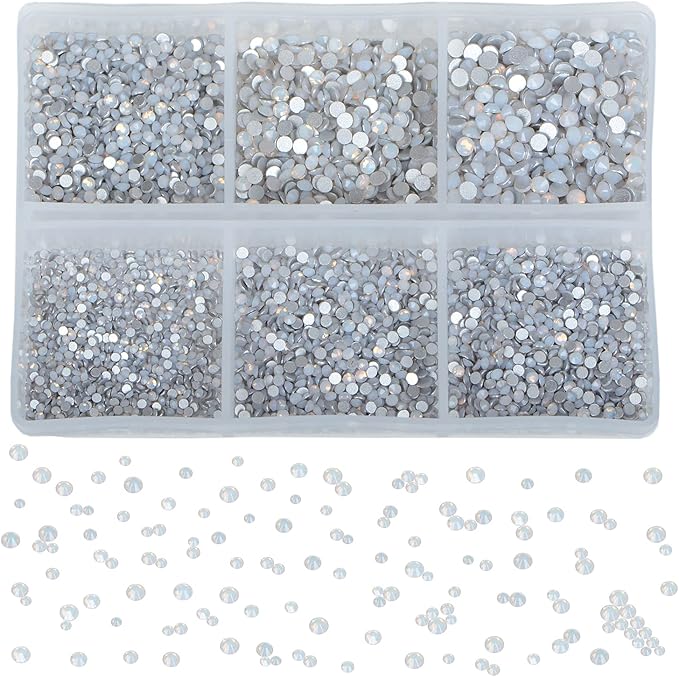 Bymitel 7200 Pieces 6 Mixed Sizes Glue Fix on Glass Rhinestones Round Crystal Gems Flatback for DIY Jewelry Making with one Picking Pen(6-Sizes 7200PCS, White Opal)