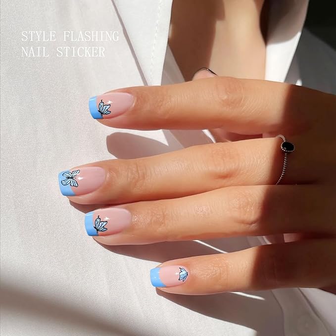 JMEOWIO Gel Nail Stickers Blue Butterfly French Tip Semi Cured Gel Nail Strips Wraps UV/LED Supplies Nails Art Design Decoration Accessories