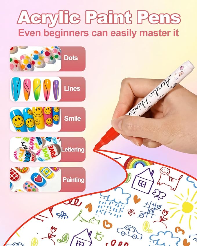 Oiomniv Acrylic Nail Art Pens Set, 12 Colors Quick Dry Nail Design Markers with Clear Number Codes, Fine Tip Paint Pens for Gel Polish, DIY Manicure Kit with 10 Nail Stickers