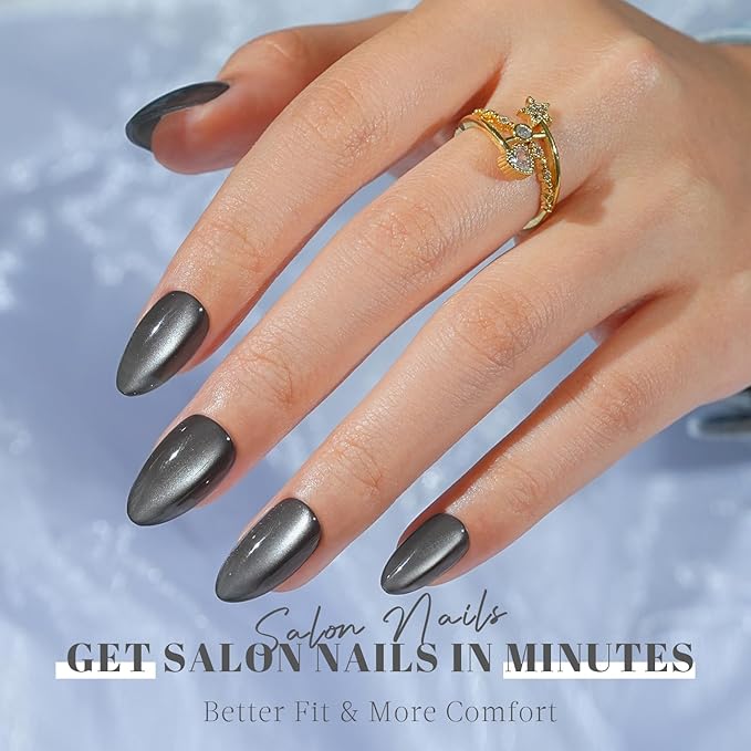 Grey Press on Nails Short Almond, Jofay Fashion Cat Eye Soft Gel Fake Nails, Reusable & Natural Acrylic False Nails, Glue on Nails Kit for Women Girls Gift 32 Pcs