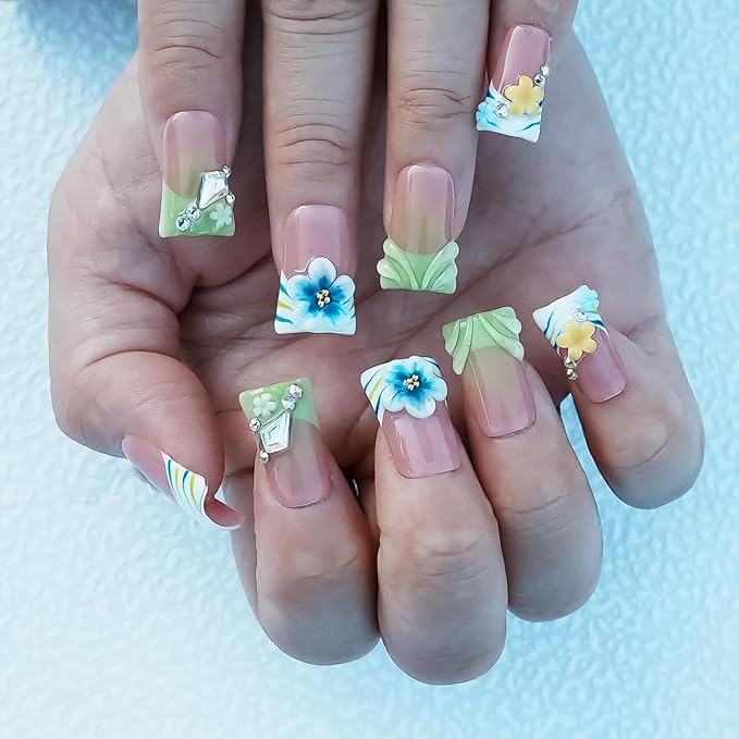 10Pcs Handmade Press on Nails Short Duck Nails Press ons Green French Tip with 3D Floral Rhinestone Design Stick on Nails for Women Nails Art (Whisper in Blush & Mints,S)