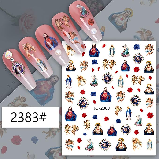 God Jesus Nail Art Stickers Decals, Christ Virgin Maria Love Cupid Angel Satan Nail Self-Adhesive Sticker Designs, Holographic 3D Angel Nail Transfer Decal for Women Girls Manicure Tips Decorations