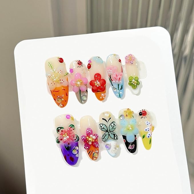 Handmade Press on Nails Colorful Flower Press on Nails Rhinestones Acrylic Nails Glossy Flower False Nails Desigsns Medium Almond Fake Nails for Women Girls DIY Manicure Decorations (Size S)