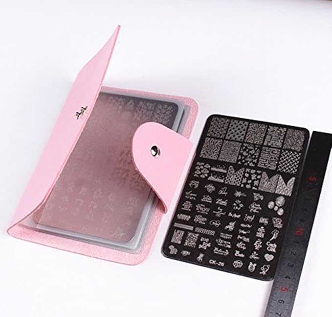 4PCS XL Stamping Nail Art Plates with 1stamper,1scraper and 1 Pcs Pink Stamping Plate Organizer