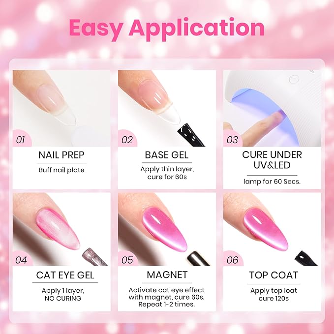 Beetles Pitaya Glow Pink Cat Eye Gel Nail Polish - 15ML Glitter Pink Cat Eye Spring Gel Polish Magnetic Shimmer Effect Soak Off UV Nail Art Design Salon DIY Manicure Gift for Women