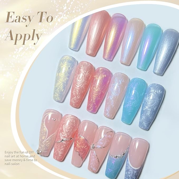 Born Pretty Pearl Gel Nail Polish Aurora Iridescent Glitter Shimmer Pearl Effect White Pink Purple Blue Mermaid Drawing Gel Nail Polish Shell Swirl Thread Effect Nail Gel Soak Off Led DIY Gift 6PCS
