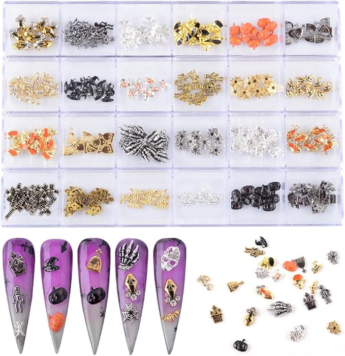 Halloween Nail Charms - 24 Styles/Box Metallic Nail Studs & Rhinestones DIY Decorations