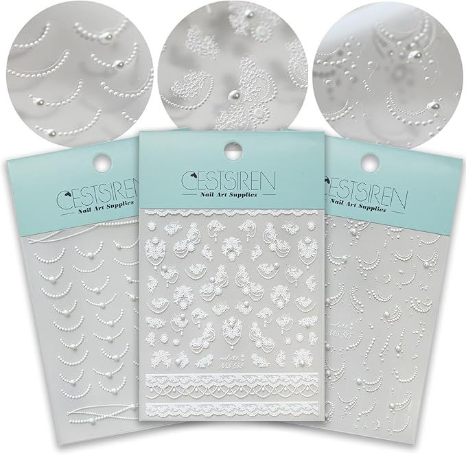 White Lace French Line Nail Art Stickers Pearl Rhinestones Embossed French Line Nail Decals for Nail Art Design Self-Adhesive Nail Accessories for Women Nail Art Supplies 3 Sheets