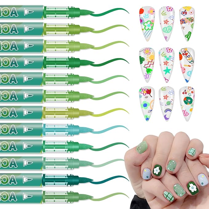 12 Colors Nail Art Pens Set, Nail Polish Pens Nail Art Drawing Markers Pen Quick Dry Waterproof Nail Art Painting Pens Kit for Home DIY Nail Art Design-Green
