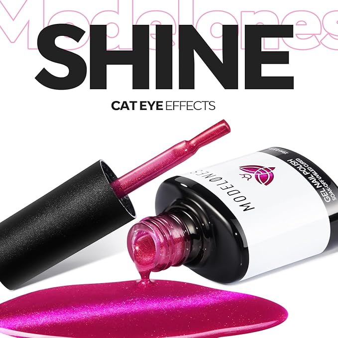 modelones Hot Pink Cat Eye Gel Nail Polish Pink Glitter Holographic Pink Cat Eye Neon Shimmer Reflective Translucent U v Gel Magnetic Nail Polish 15ML