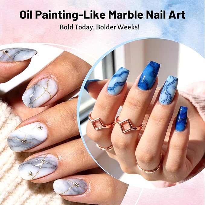 JODSONE Marble Nail Polish, Blooming Gel Marble Ink for Nails 12 Colors Blue Purple Pink Ink Magic Watercolor Blooming Marble Effects Gel Nail Polish at Home DIY Nail Art Flower Design