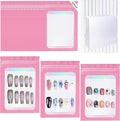 100 PCS Press On Nails Packaging Bag Holographic Nail Storage Bag and 100PCS Shiny White Pearl Card with 7 Sheets Pre-cut Nail Tape (Pink)