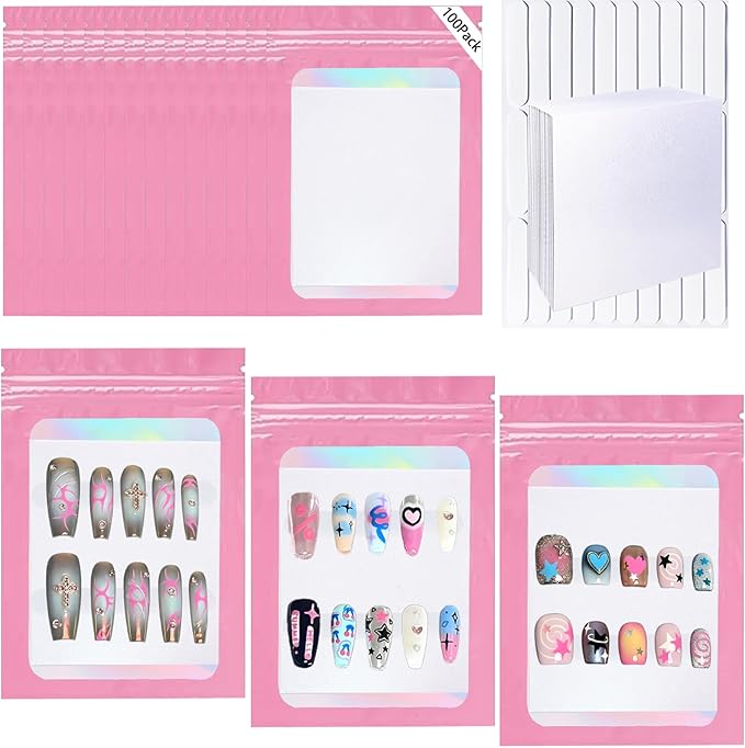 100 PCS Press On Nails Packaging Bag Holographic Nail Storage Bag and 100PCS Shiny White Pearl Card with 7 Sheets Pre-cut Nail Tape (Pink)