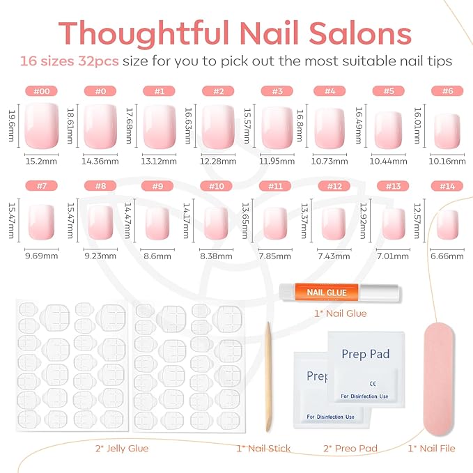 Modelones Pink Ombre Press on Nails, Spring Short Square Fake Nails, Reusable Nail Kit with Nail Glue Adhesive Tabs Mini Nail File, Nails Press Ons 32Pcs 16 Sizes, Women Girl Gift