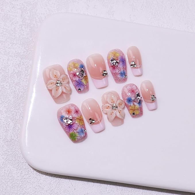 3D Flower & Glitter Accents Rhinestones Nail Decoration Nail Art Design For Holiday 10pcs Short Square Nail Tips False Nails 100% Handmade Press On Nails For Women and Girls (Pink Flower（XS）, XS)