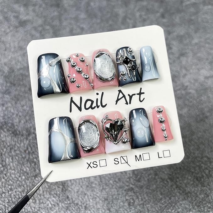 Handmade Press on Nails Luxury 3D Metal Steel Ball & Heart Embossed Fake Nails Designs Black Gray Gradient Acrylic Nail Full Cover Short Duck Shape False Nail Stick on Nails for Women（M)
