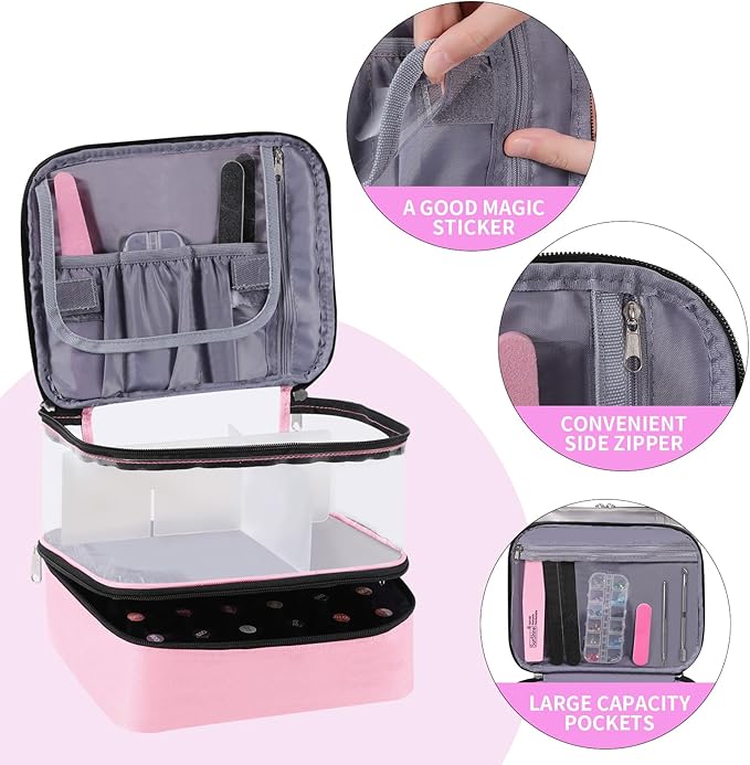 Clear Nail Polish Organizer Double layer Nail Polish Holds 30 Bottles and Nail Lamp, Nail Dryer Case Storage Supplies with Adjustable Dividers, Portable Nail Carrying Bag for Nail Tech (Pink)