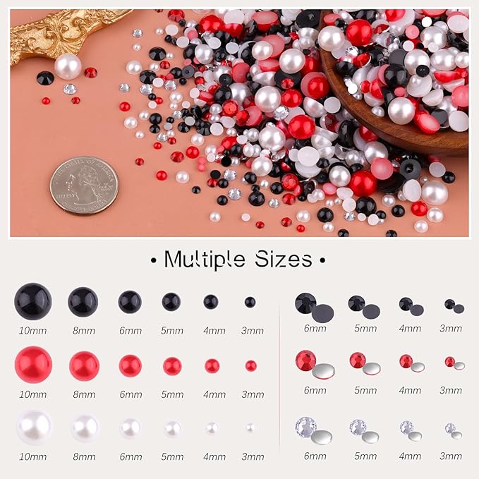 80g Flatback Pearls and Rhinestones for Crafting, Red White Black 3-10mm Resin Rhinestones and Half Pearls for Bedazzling, Nail Art and Dec with 3pcs 10ml B7000 Jewelry Glue, Tweezer and Pickup Pencil