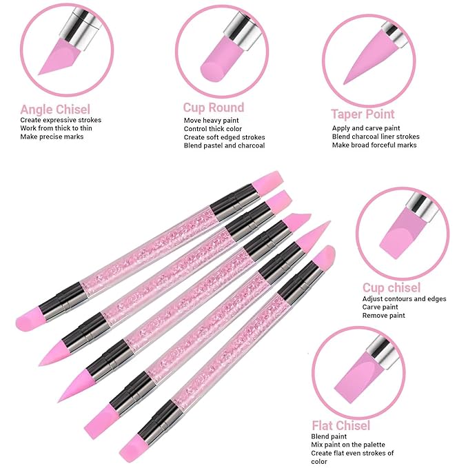 5Pcs Double-Ended Silicone Nail Art Brushes, Dual-Tip Dotting & Sculpting Tools for Gel Polish, 3D Nail Art, Embossing & Manicure Clean Up-Pink