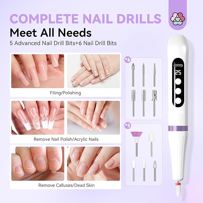 SAVILAND Cordless Nail Drill with U V Light: 25000 RPM Nail Drill Professional & U V Light for Removal & Solidification of Nails 2in1 for Home Nail Art Manicure Pedicure （White）