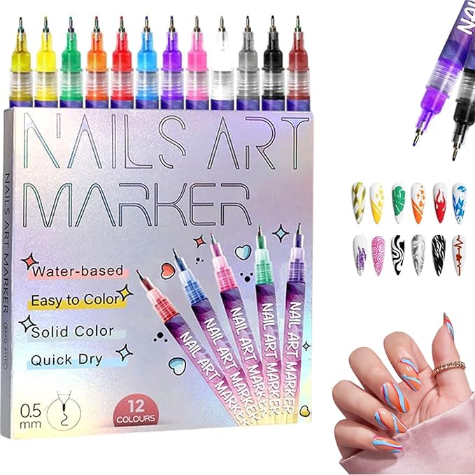 12 Colors Nail Art Pens Set, Nail Markers, 2026 New Quick Dry Nail Art Markers for Gel Nails, Drawing Painting Liner Brush for DIY Nail Art Beauty Adorn Manicure Tool