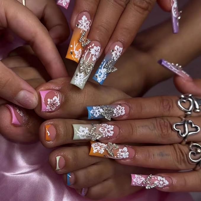 48Pcs Colorful French Tips Press on Toenails White Flower Press on Nails Long Square False Nails with Butterfly Charm Design Pearl Fake Toenails Glossy Summer Fake Nails for Women Girls DIY Manicure